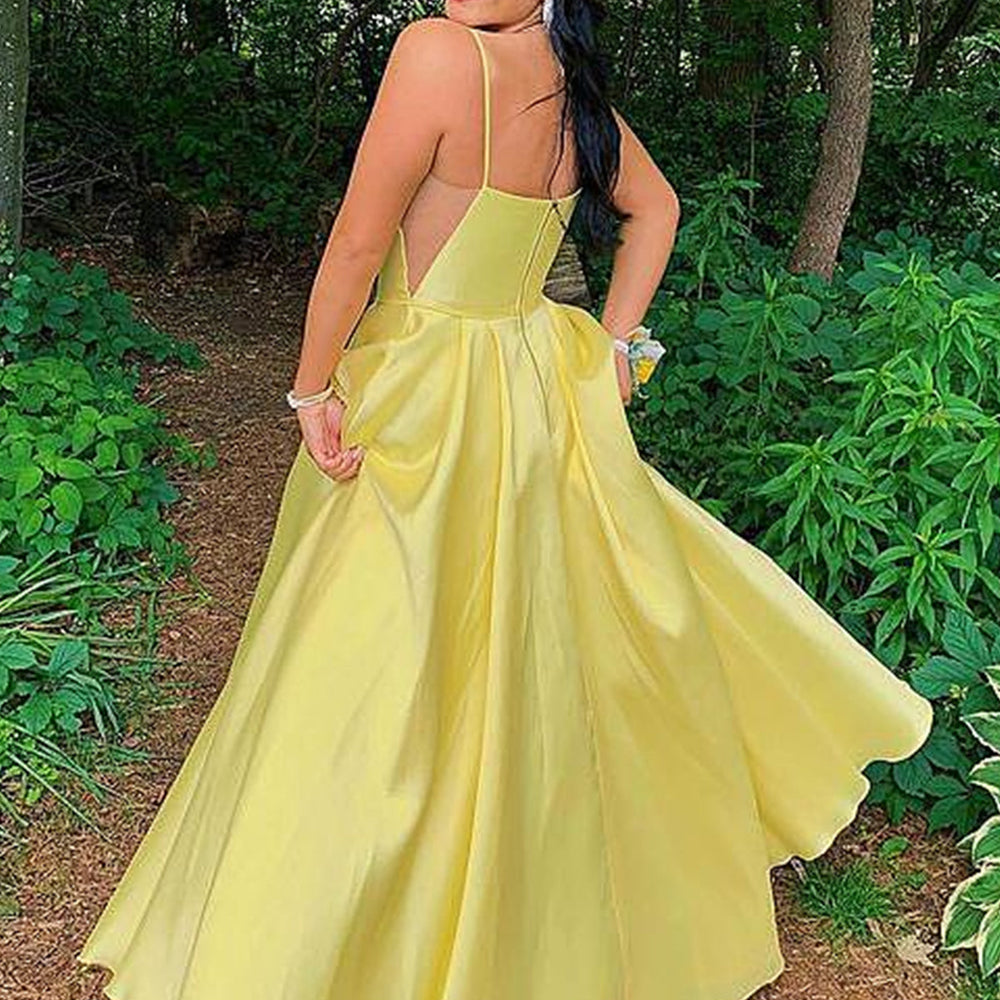 
                      
                        Simple Open Back Yellow Satin Long Prom Dresses with Pocket, Thin Straps Yellow Formal Graduation Evening Dresses 
                      
                    