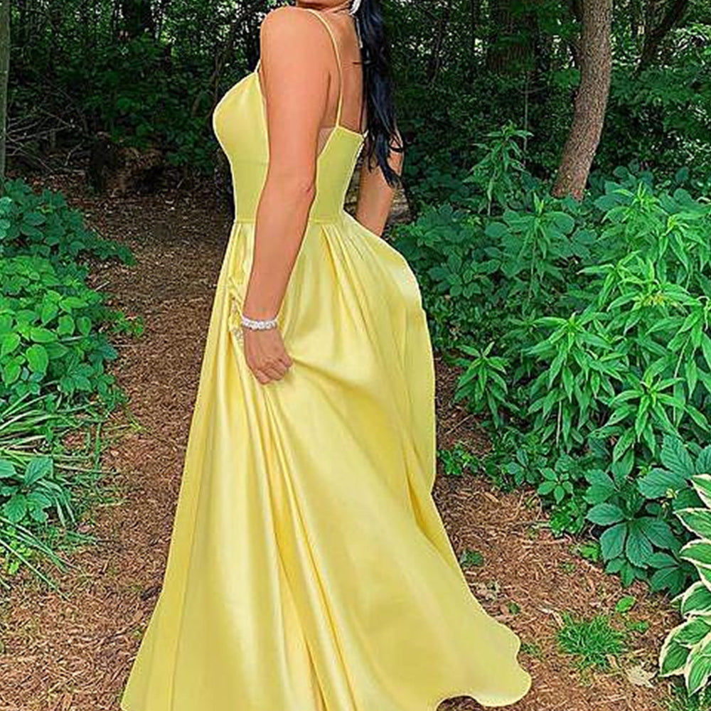 
                      
                        Simple Open Back Yellow Satin Long Prom Dresses with Pocket, Thin Straps Yellow Formal Graduation Evening Dresses 
                      
                    