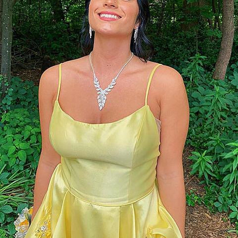 
                      
                        Simple Open Back Yellow Satin Long Prom Dresses with Pocket, Thin Straps Yellow Formal Graduation Evening Dresses 
                      
                    