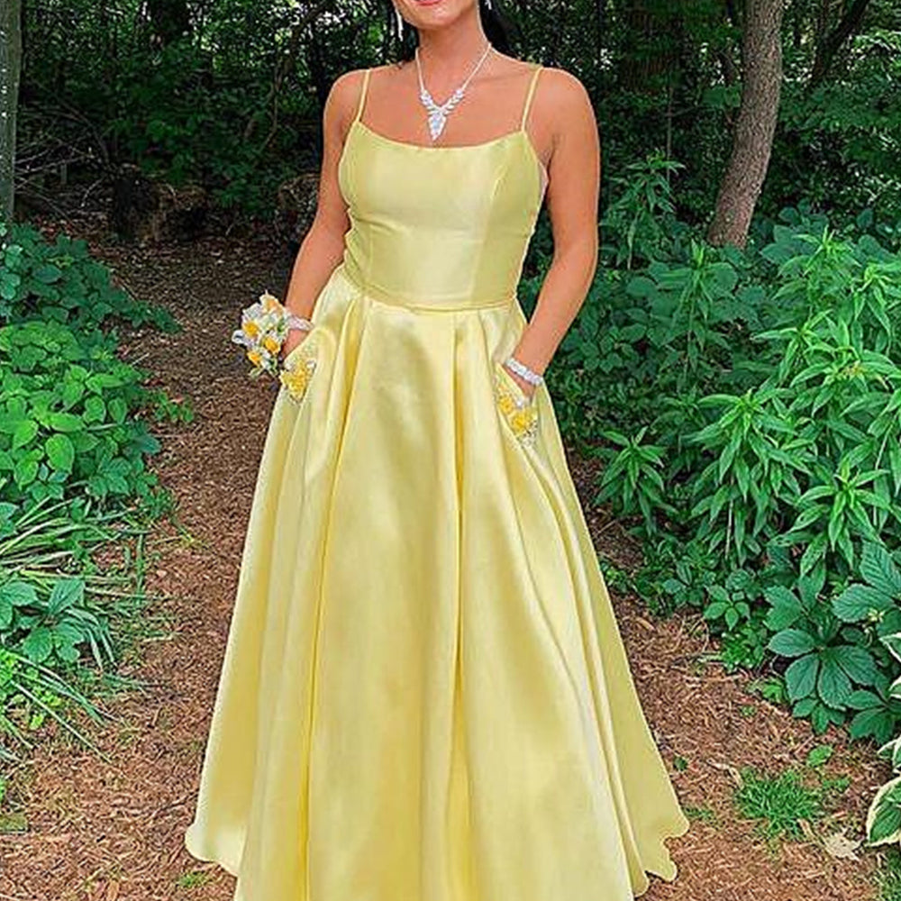 Simple Open Back Yellow Satin Long Prom Dresses with Pocket, Thin Straps Yellow Formal Graduation Evening Dresses 