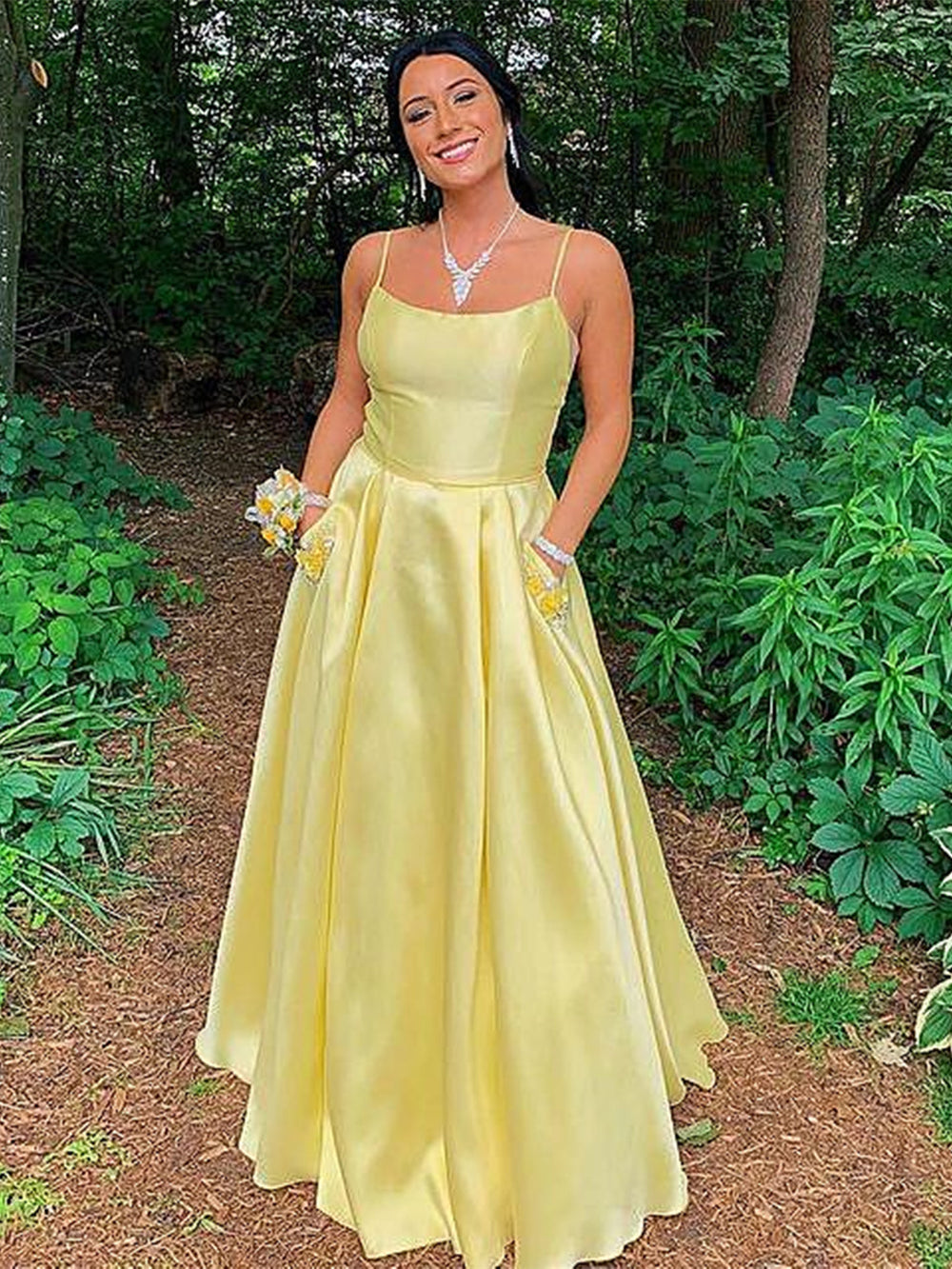 Simple Open Back Yellow Satin Long Prom Dresses with Pocket, Thin Straps Yellow Formal Graduation Evening Dresses 