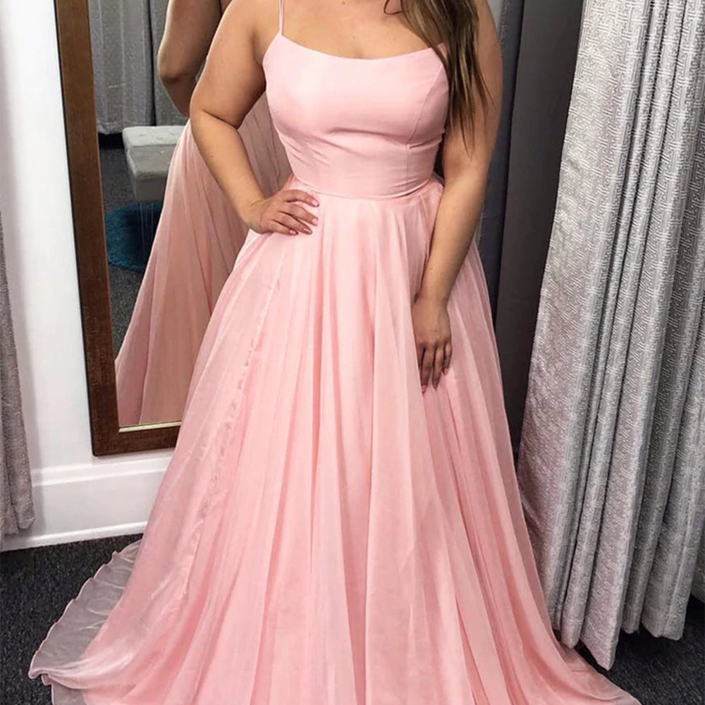 Simple Pink Tulle Long Prom Dresses, Long Pink Formal Graduation Evening Dresses 