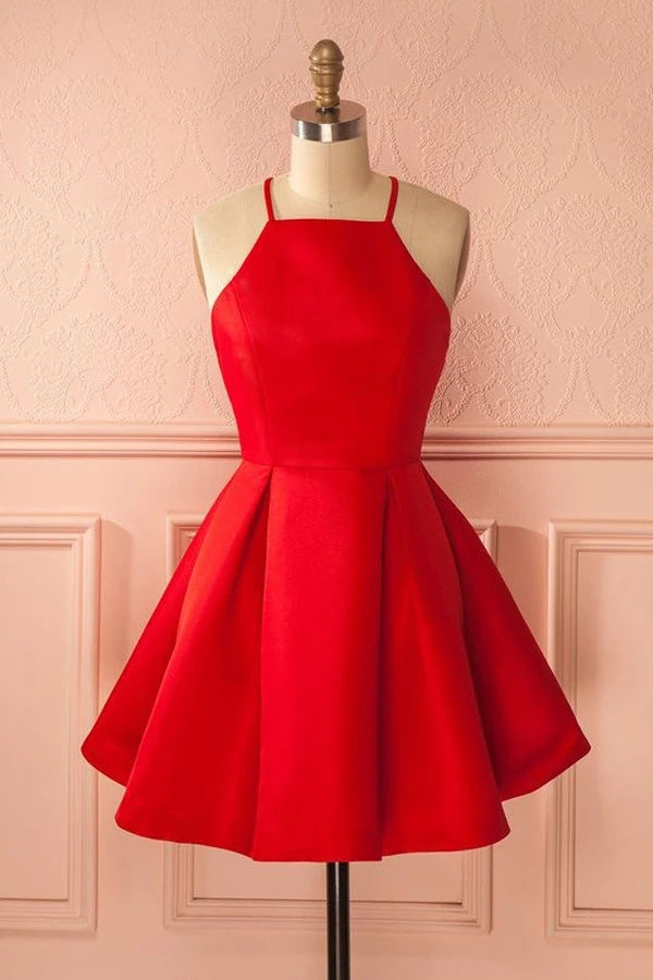 Simple Red Satin Short Prom Dress Halter Homecoming Dress 