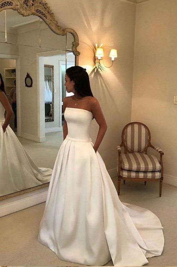 Simple Strapless Ivory Satin Wedding Dress With Pocket