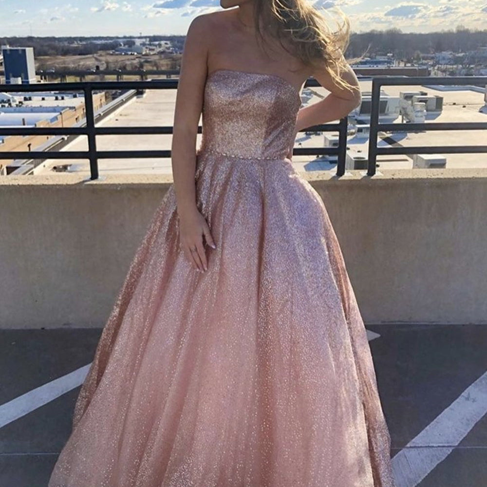 
                      
                        Simple Strapless Pink Long Prom Dresses, Shiny Pink Formal Graduation Evening Dresses 
                      
                    