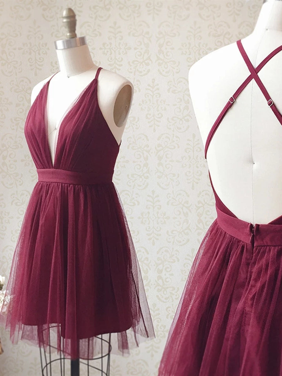 Simple V Neck Backless Burgundy Short Prom Dresses Homecoming Dresses, Burgundy Backless Formal Graduation Evening Dresses