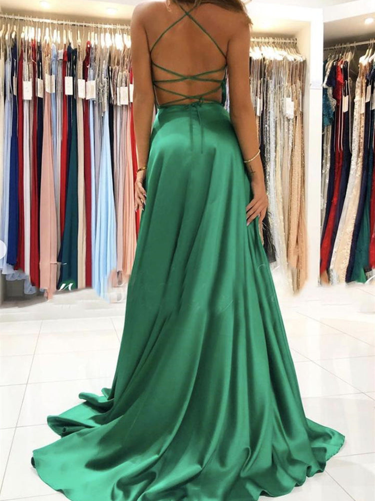 
                      
                        Simple V Neck Backless Green Long Prom Dresses with High Slit, Backless Green Formal Graduation Evening Dresses
                      
                    