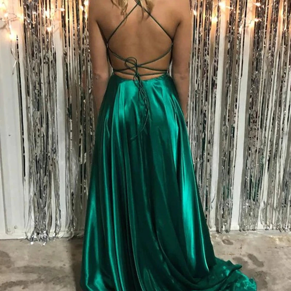 
                      
                        Simple V Neck Backless Green Satin Long Prom Dresses with High Slit, Backless Green Formal Dresses, Green Evening Dresses
                      
                    