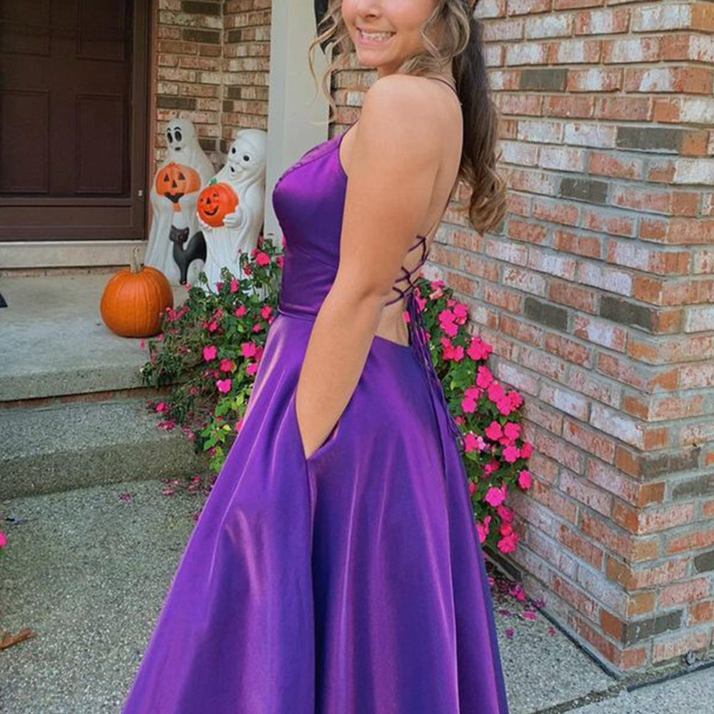 
                      
                        Simple V Neck Backless Purple Satin Long Prom Dresses, V Neck Purple Formal Dresses, Backless Purple Evening Dresses 
                      
                    