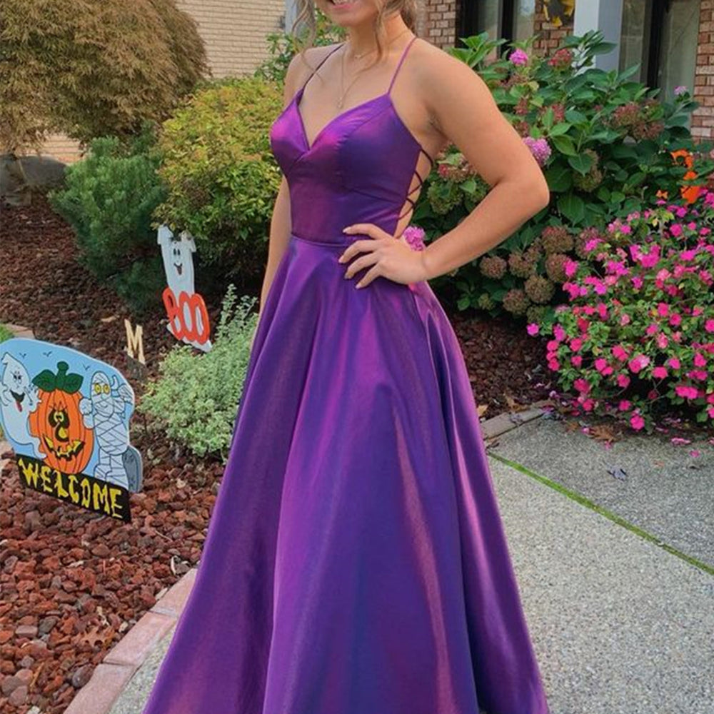 
                      
                        Simple V Neck Backless Purple Satin Long Prom Dresses, V Neck Purple Formal Dresses, Backless Purple Evening Dresses 
                      
                    