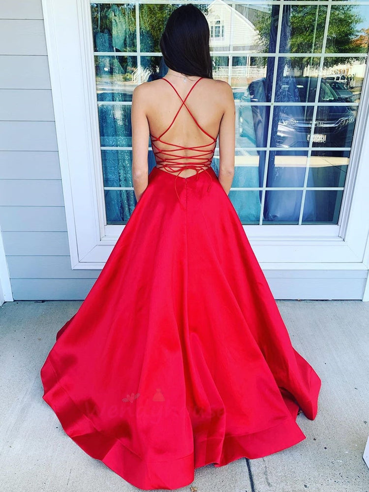 
                      
                        Simple V Neck Backless Red Long Prom Dresses 2020 with Pocket, V Neck Backless Red Formal Graduation Evening Dresses
                      
                    