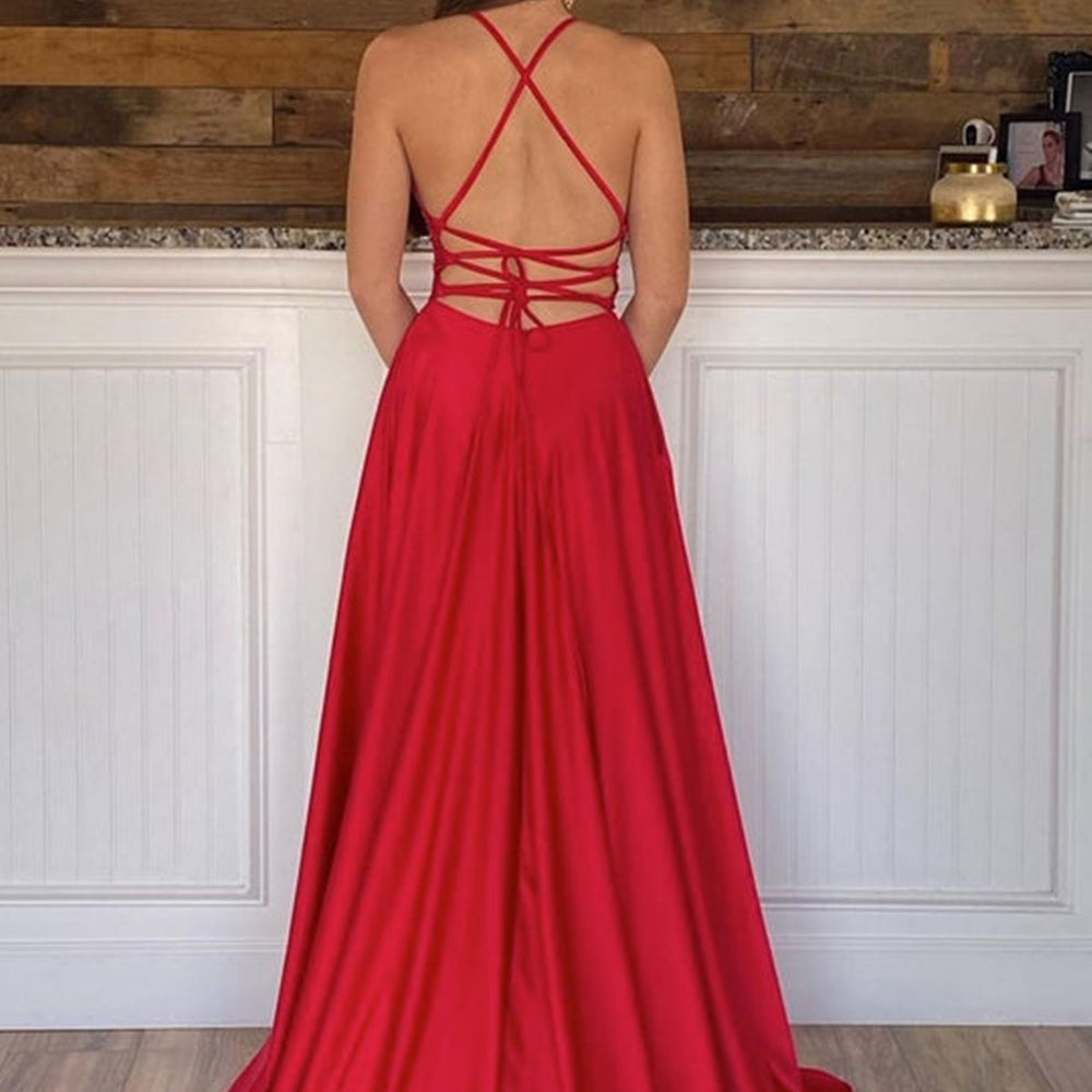 
                      
                        Simple V Neck Backless Red Satin Long Prom Dresses with High Slit, V Neck Red Formal Dresses, Red Evening Dresses 
                      
                    