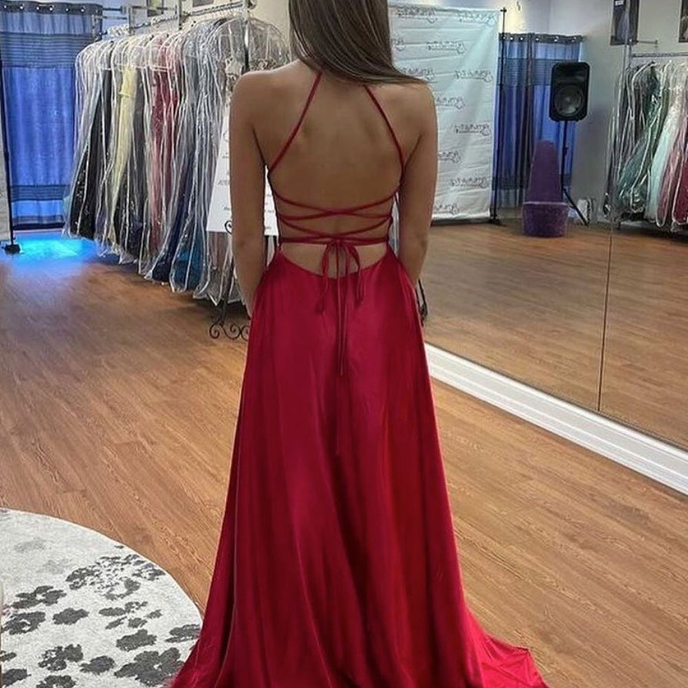 
                      
                        Simple V Neck Backless Red Satin Long Prom Dresses with High Slit, V Neck Red Formal Graduation Evening Dresses 
                      
                    