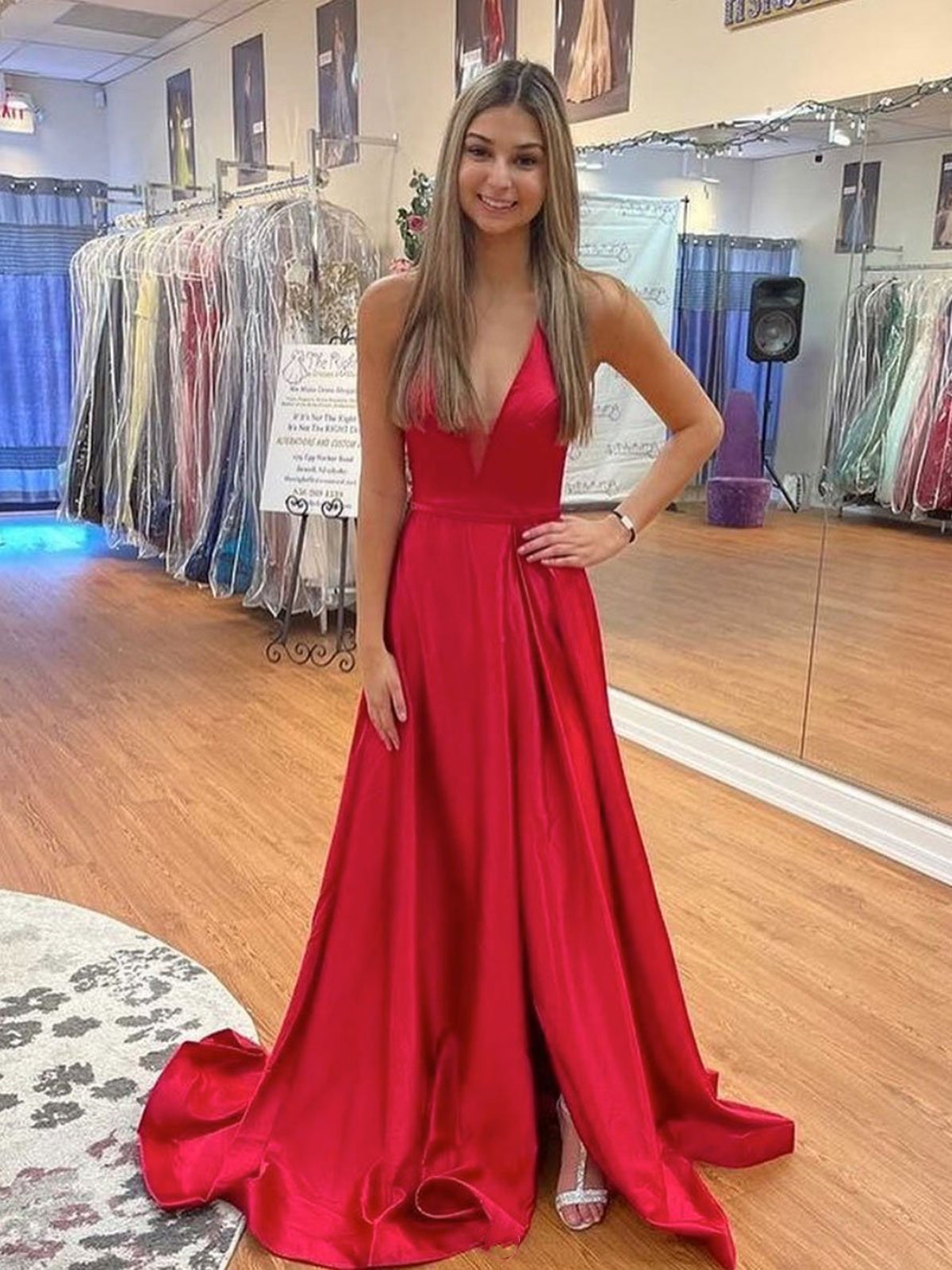 Simple V Neck Backless Red Satin Long Prom Dresses with High Slit, V Neck Red Formal Graduation Evening Dresses 