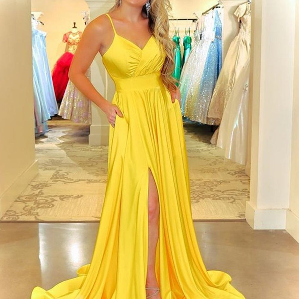 Simple V Neck Backless Yellow Satin Long Prom Dresses with Slit, Long Yellow Formal Evening Dresses