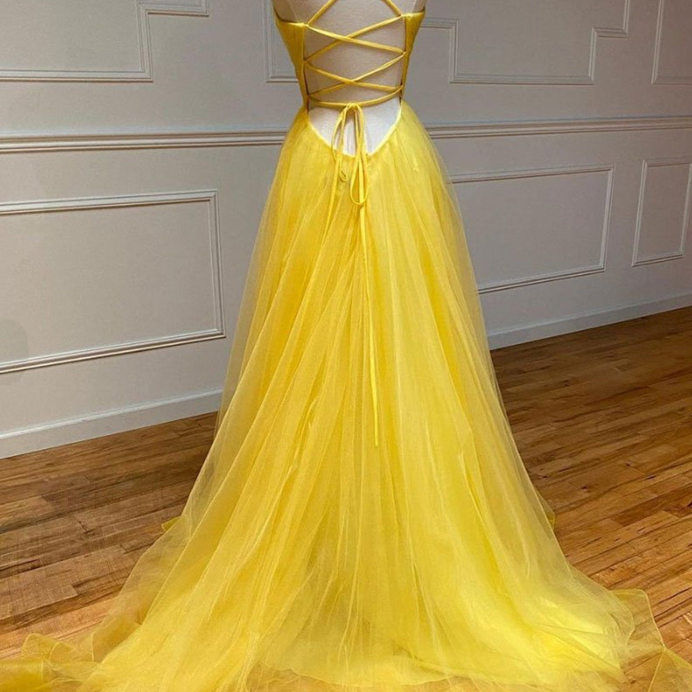 
                      
                        Simple V Neck Backless Yellow Tulle Long Prom Dresses, V Neck Yellow Long Formal Evening Dresses
                      
                    