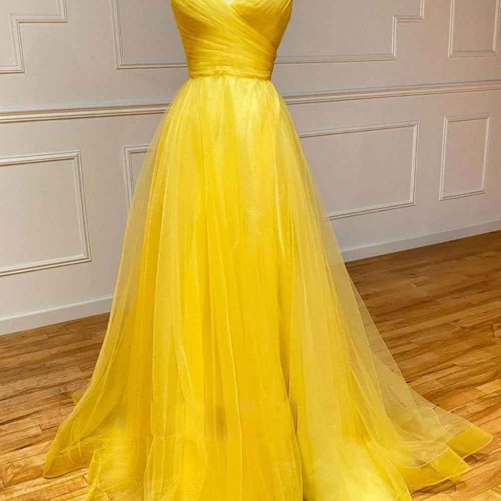 
                      
                        Simple V Neck Backless Yellow Tulle Long Prom Dresses, V Neck Yellow Long Formal Evening Dresses
                      
                    