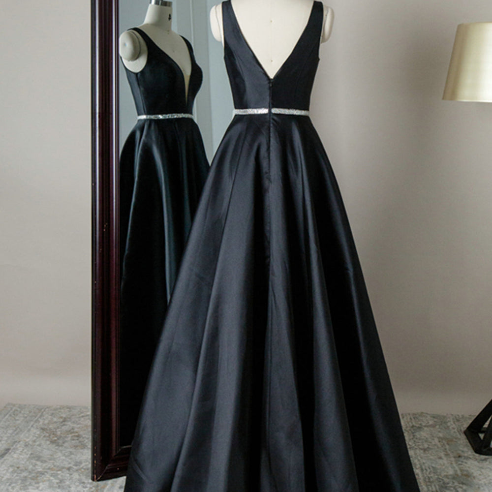 
                      
                        Simple V Neck Black Satin Long Prom Dresses with Belt, V Neck Black Formal Graduation Evening Dresses 
                      
                    