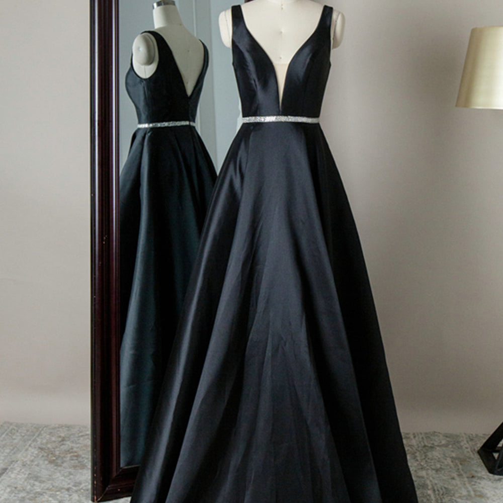 Simple V Neck Black Satin Long Prom Dresses with Belt, V Neck Black Formal Graduation Evening Dresses 