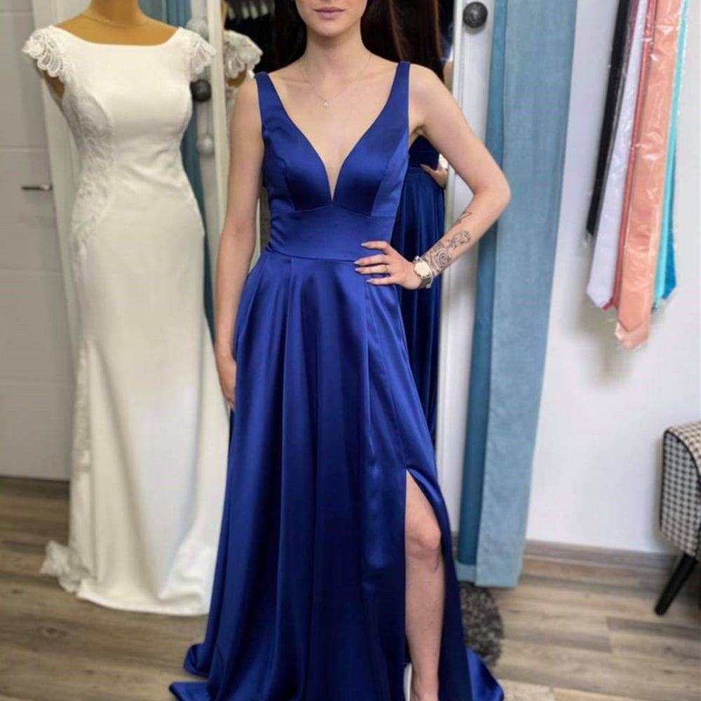 Simple V Neck Blue Satin Long Prom Dresses with Leg Slit, V Neck Blue Formal Graduation Evening Dresses 