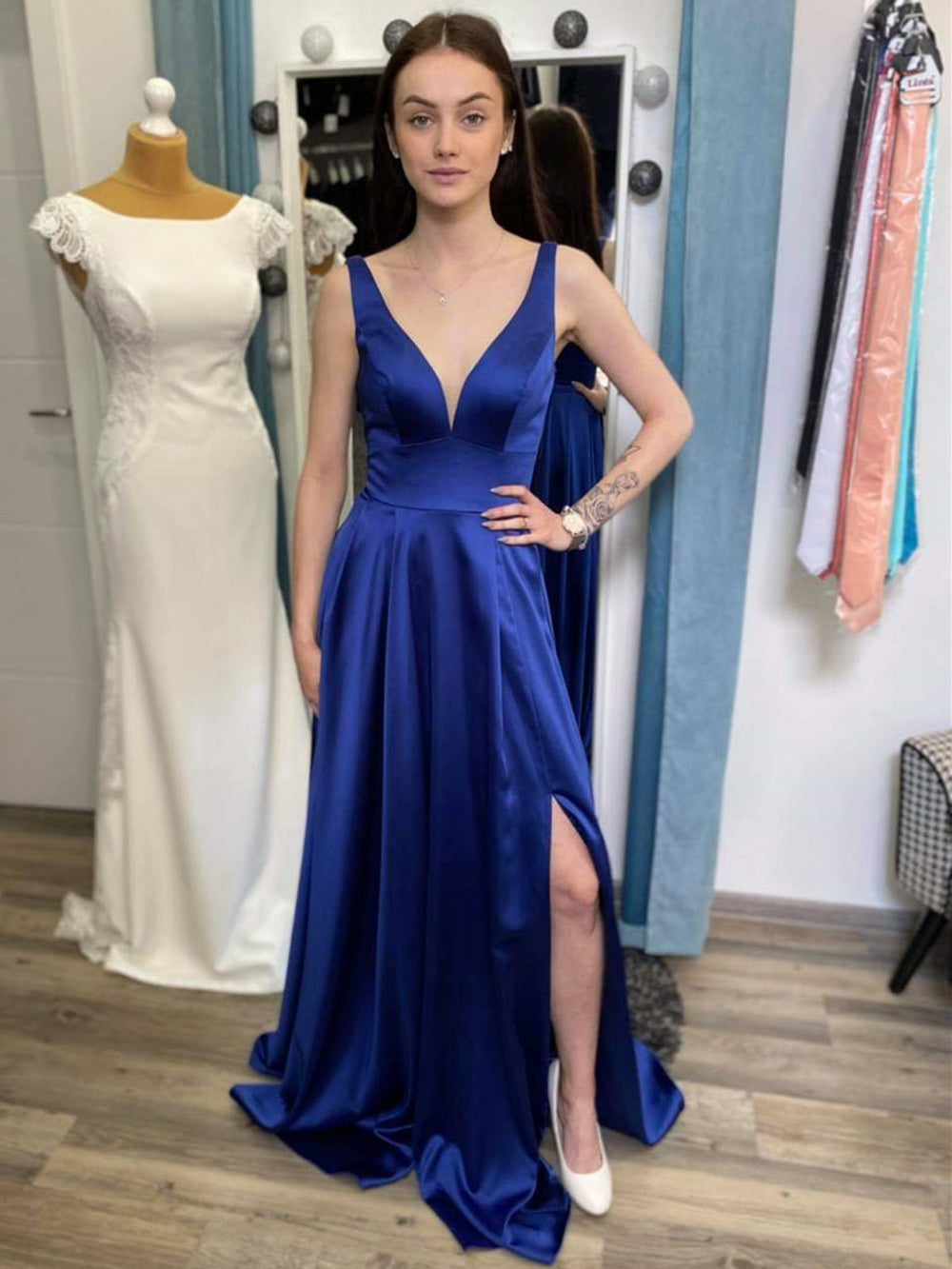 Simple V Neck Blue Satin Long Prom Dresses with Leg Slit, V Neck Blue Formal Graduation Evening Dresses 