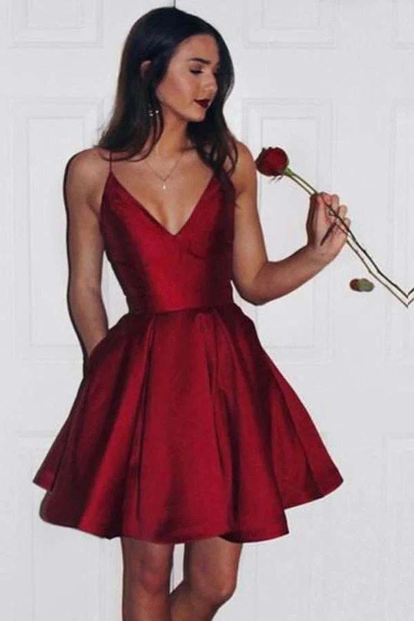 Simple V Neck Burgundy Short Homecoming Dress With Pocket