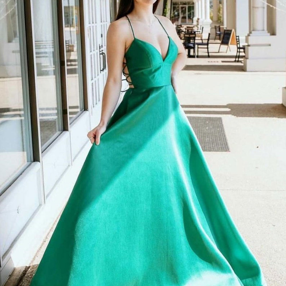 
                      
                        Simple V Neck Green Satin Long Prom Dresses, V Neck Green Formal Graduation Evening Dresses
                      
                    