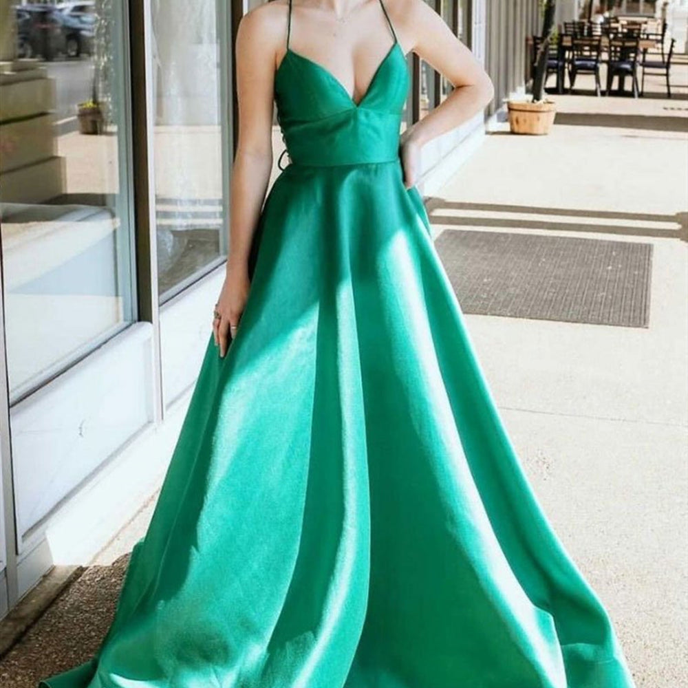 Simple V Neck Green Satin Long Prom Dresses, V Neck Green Formal Graduation Evening Dresses