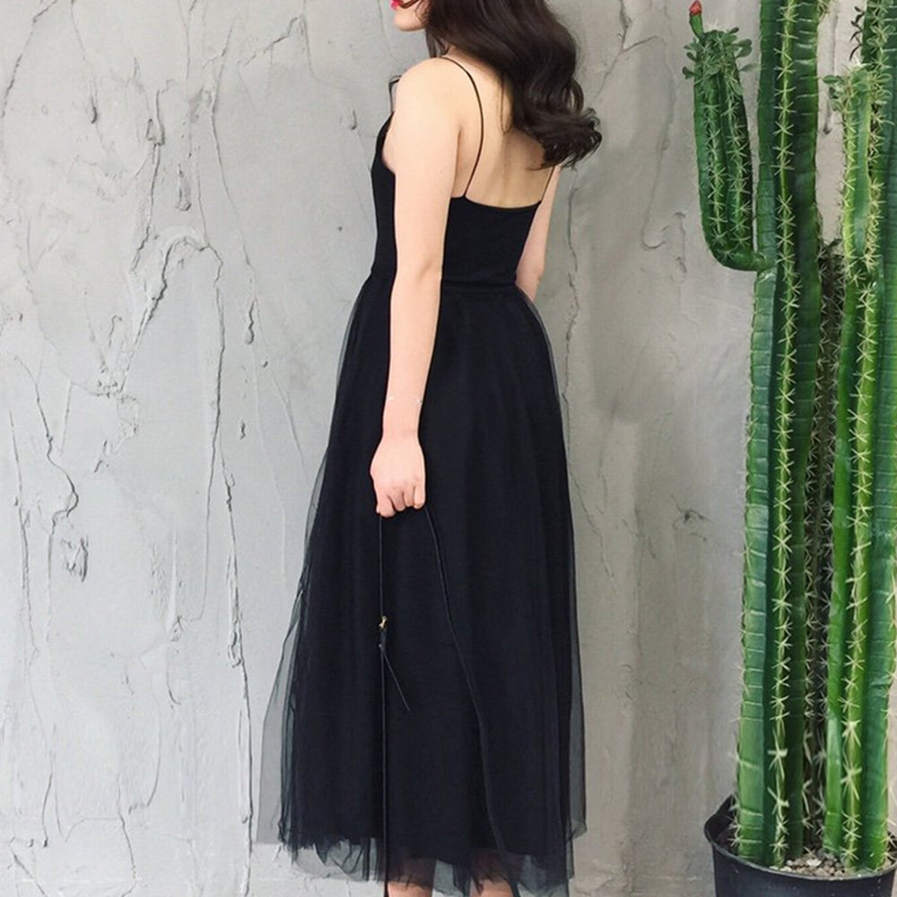 
                      
                        Simple V Neck Open Back Black Tea Length Prom Homecoming Dresses, Thin Straps Black Formal Graduation Evening Dresses
                      
                    