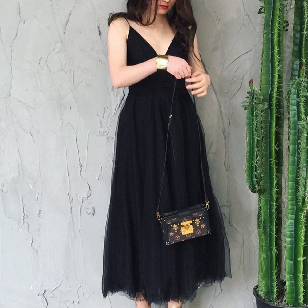 Simple V Neck Open Back Black Tea Length Prom Homecoming Dresses, Thin Straps Black Formal Graduation Evening Dresses