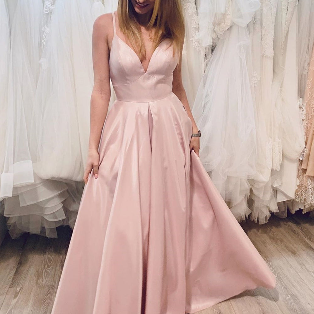 Simple V Neck Pink Satin Long Prom Dresses, V Neck Pink Formal Graduation Evening Dresses, Pink Party Dresses