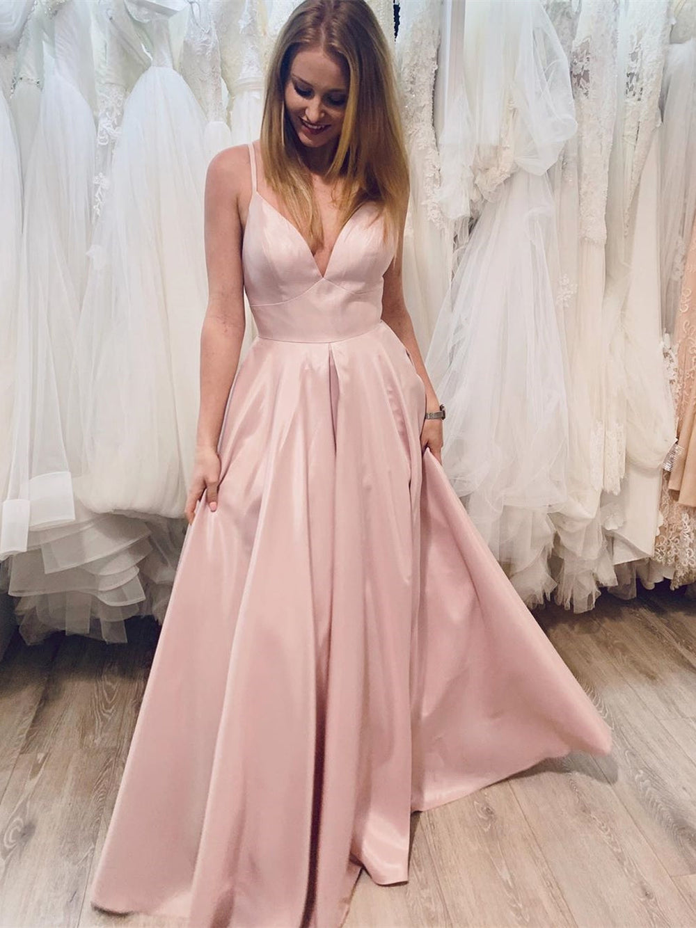 Simple V Neck Pink Satin Long Prom Dresses, V Neck Pink Formal Graduation Evening Dresses, Pink Party Dresses