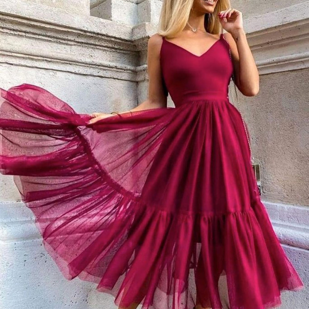 Simple V Neck Tea Length Burgundy Long Prom Dresses, V Neck Wine Red Formal Evening Dresses