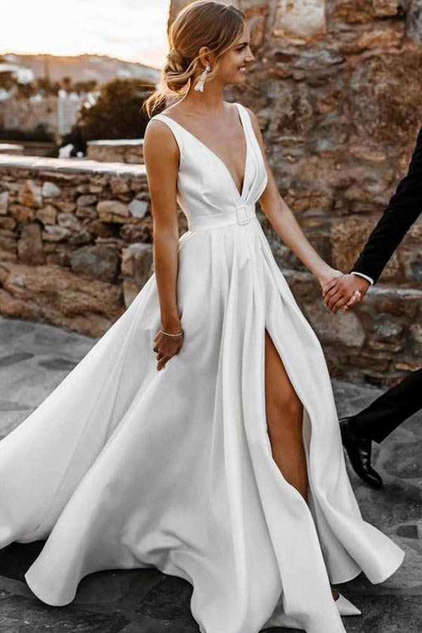 Simple White Satin V Neck Wedding Dress With Sweep Train