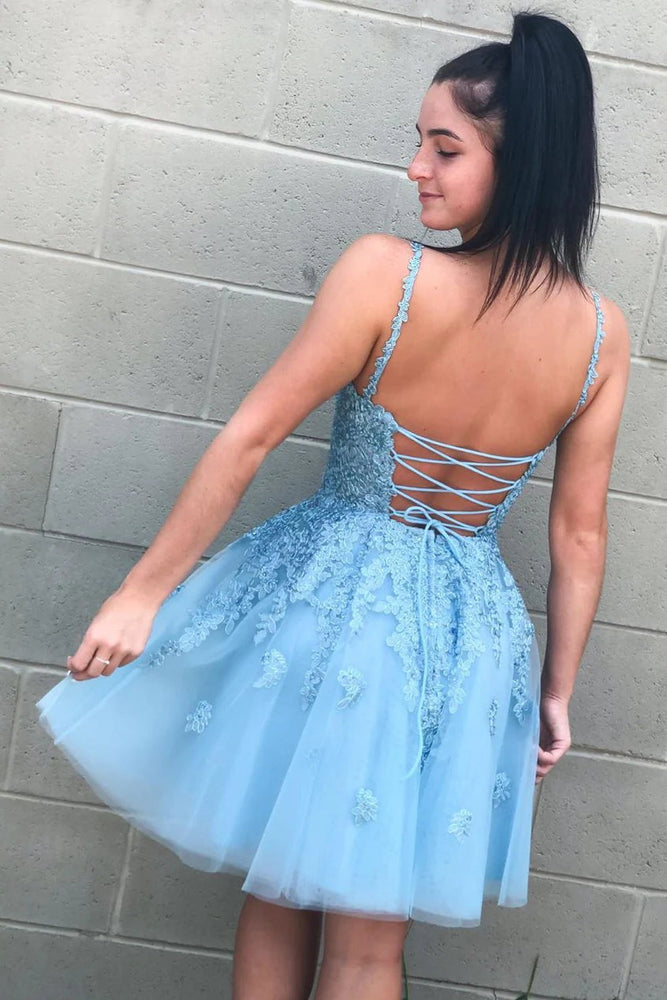 
                      
                        Sky Blue Lace-Up Short Homecoming Dress With Lace Appliques WD129
                      
                    