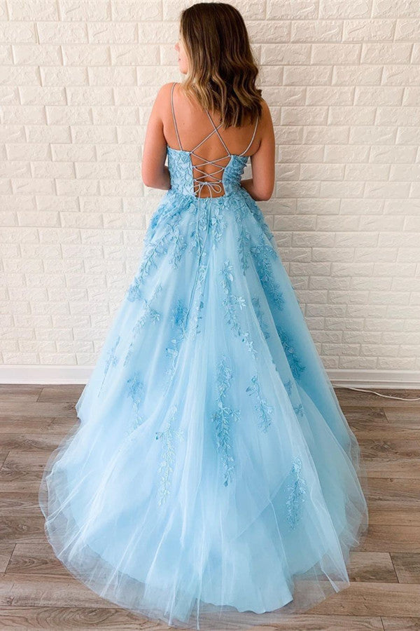 
                      
                        Sky Blue Spaghetti-Straps Appliques Evening Dress
                      
                    