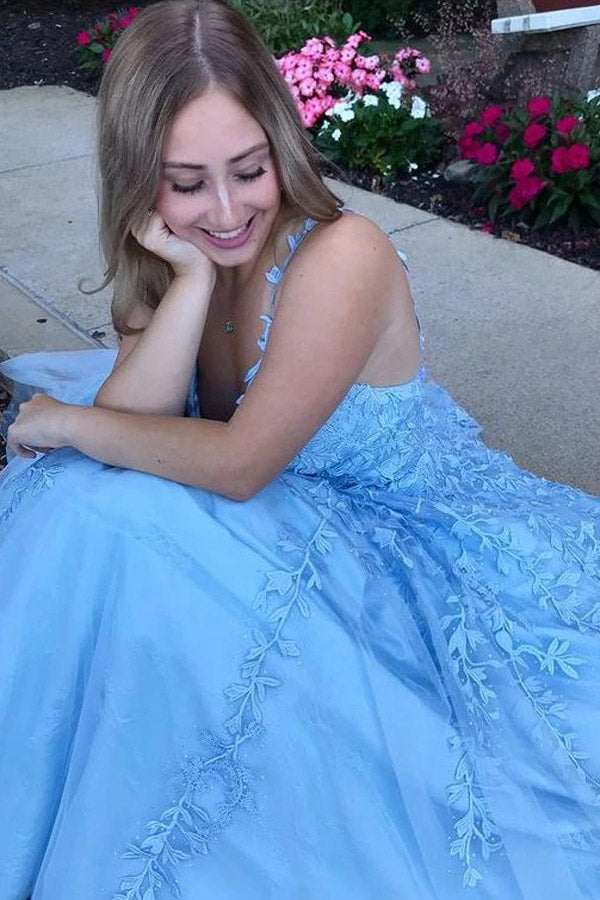 
                      
                        Sky Blue Tulle Long Prom Dress With Appliques
                      
                    