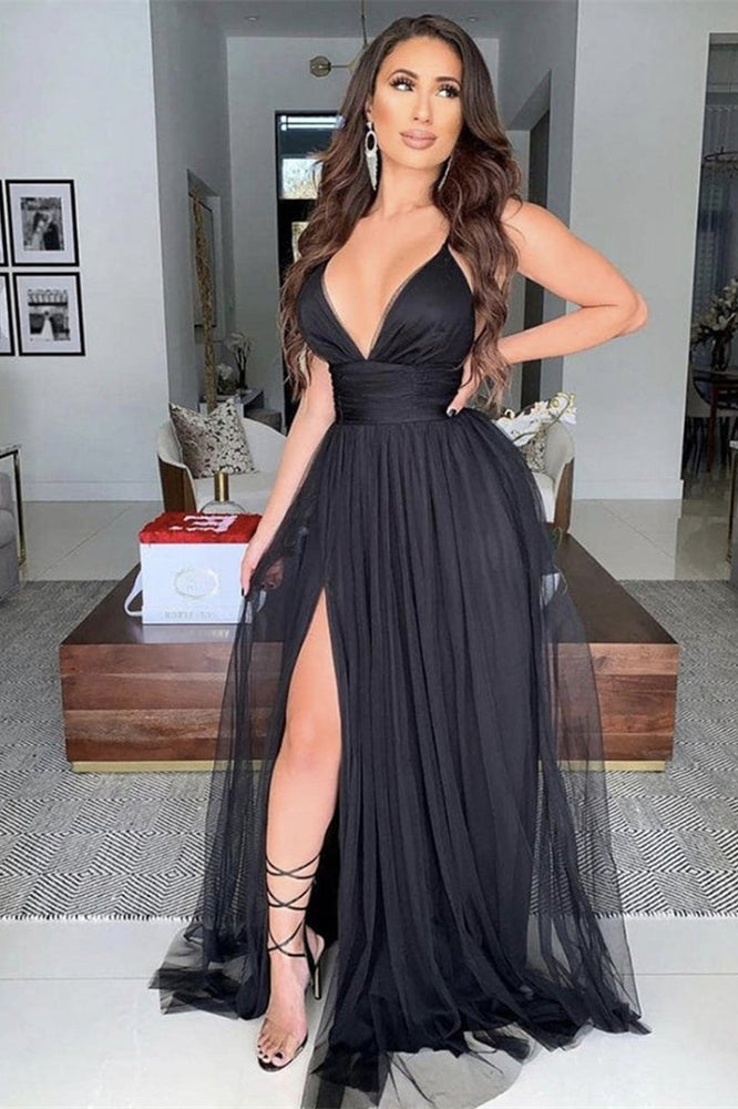 Sleek Midnight Black Prom Gown with Daring Leg Split