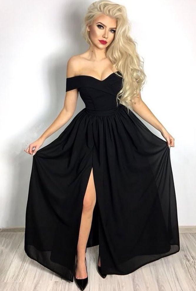 
                      
                        Sleek Midnight Off-the-Shoulder Prom Gown
                      
                    