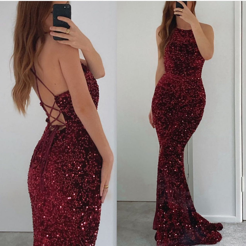 
                      
                        Sleeveless Burgundy Mermaid Prom Dress With Sequins
                      
                    