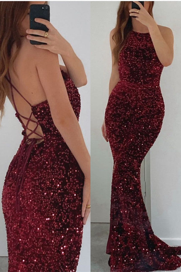 Sleeveless Burgundy Mermaid Prom Dress With Sequins