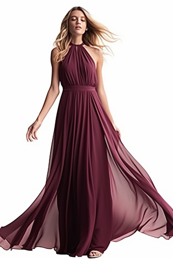 
                      
                        Sleeveless Halter Chiffon Prom Dress with Elegant Pleats
                      
                    