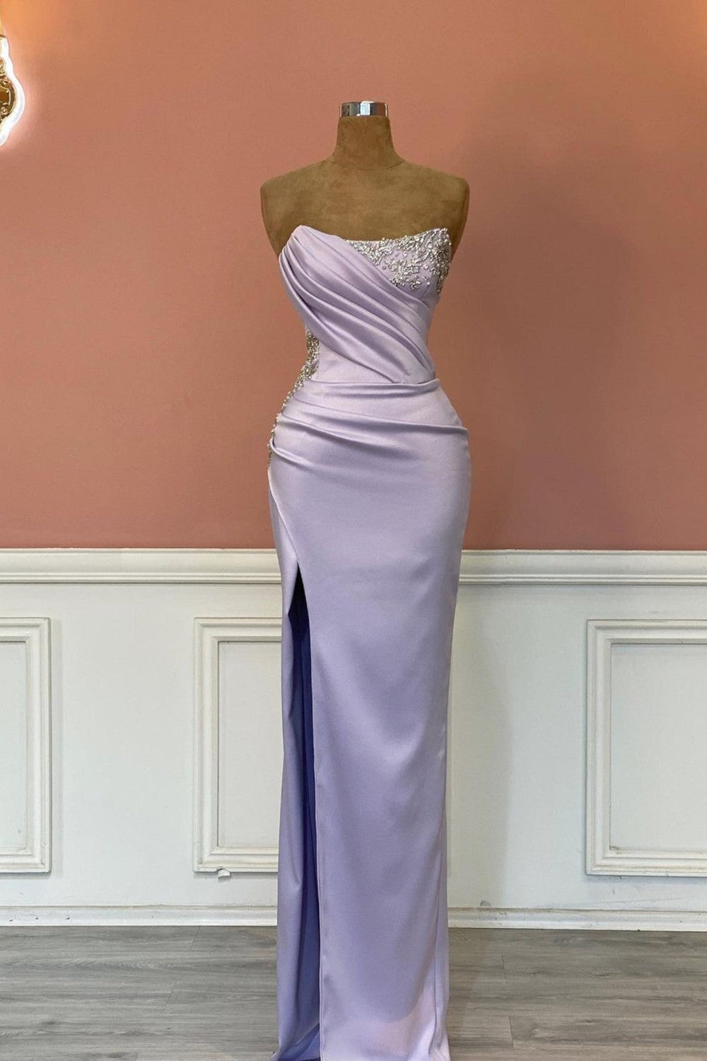 Sleeveless Light Purple Prom Dress With Rhinestone Long Mermaid Gown