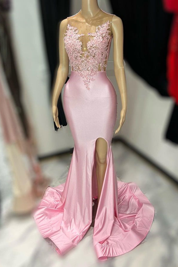 Sleeveless Pink Tulle Prom Dress with Appliques and Mermaid Slit