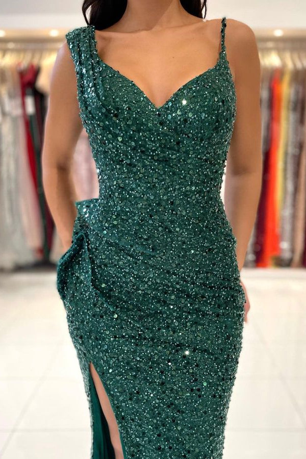Spaghetti Strap Green Prom Dress with Split Pleated Sequins