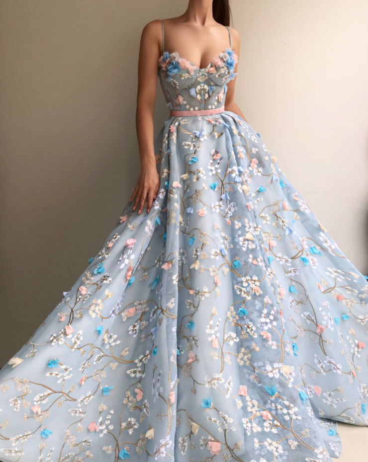 Spaghettti Straps Flower Appliques Prom Dress Evening Dress