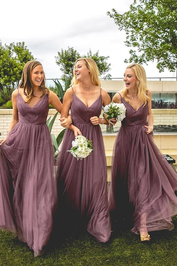 
                      
                        Spaghetti Straps Dusty Purple Tulle Bridesmaid Dress
                      
                    