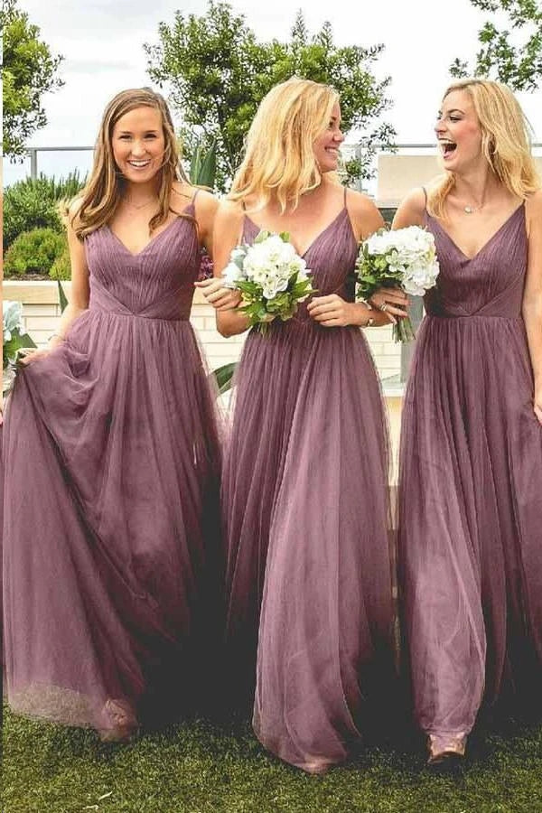 
                      
                        Spaghetti Straps Dusty Purple Tulle Bridesmaid Dress
                      
                    