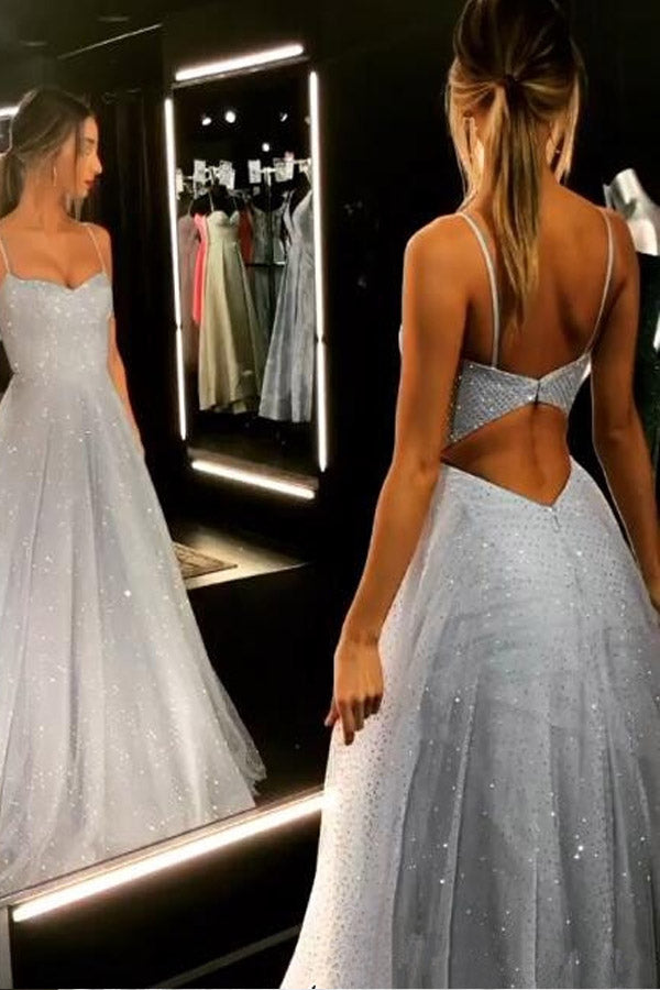 
                      
                        Spaghetti Straps Ice Blue Sequin Long Prom Dress Open Back Evening Gown
                      
                    