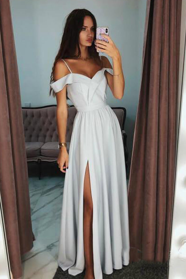 
                      
                        Spaghetti Straps Open Shoulder Satin Prom Dress With Side Slit
                      
                    